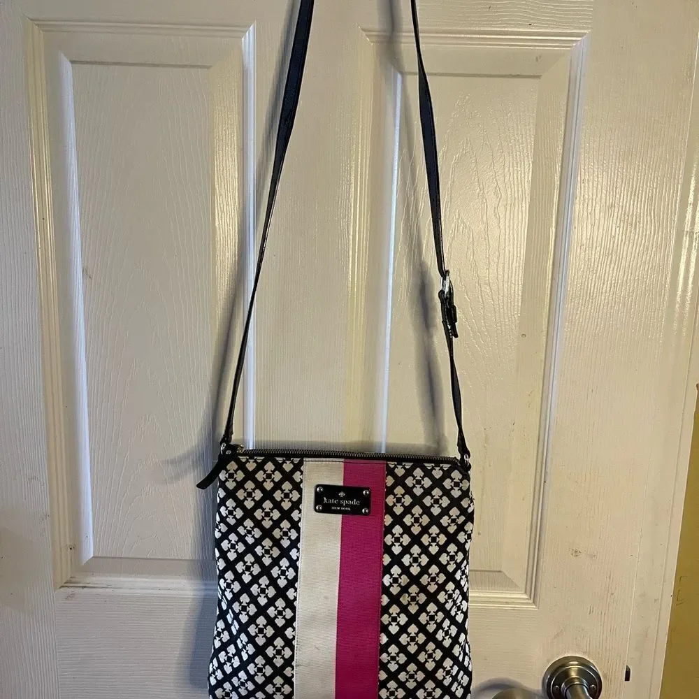 Kate Spade black &off white custom Kate spade logo printed fabric crossbody bag